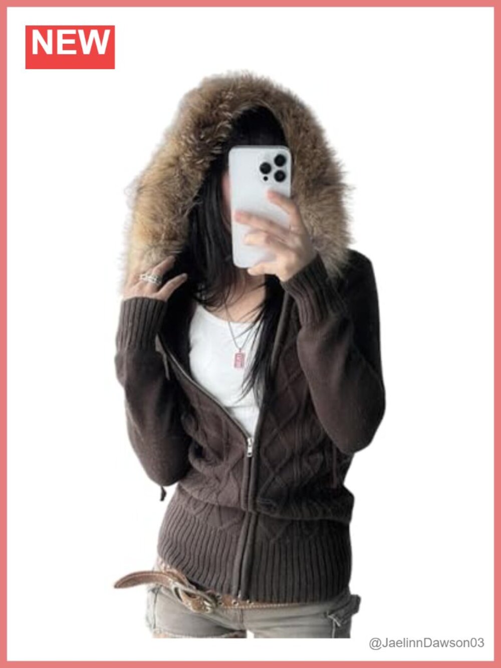 Faux Fur Trim Hoodie Sweater Zip Up Cable Knit Cardigan